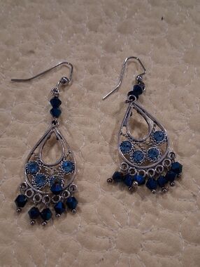 Silver Teardrop Earrings with Blue Stones and Beaded Fringe